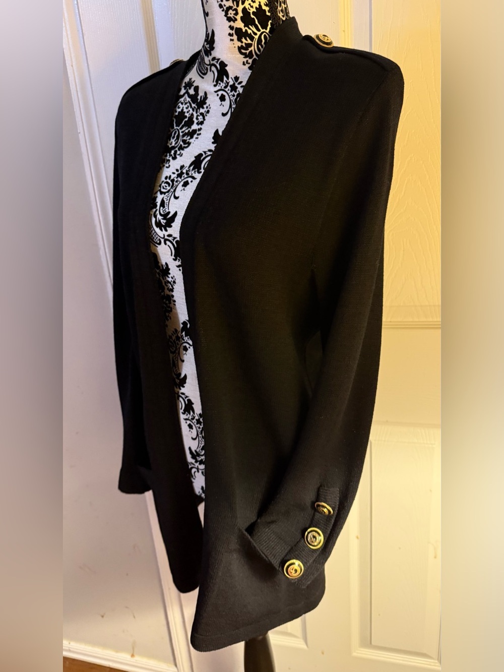 St John Separates Medium Long Open Front Cardigan Black Knit Jacket Logo Buttons - Picture 3 of 7